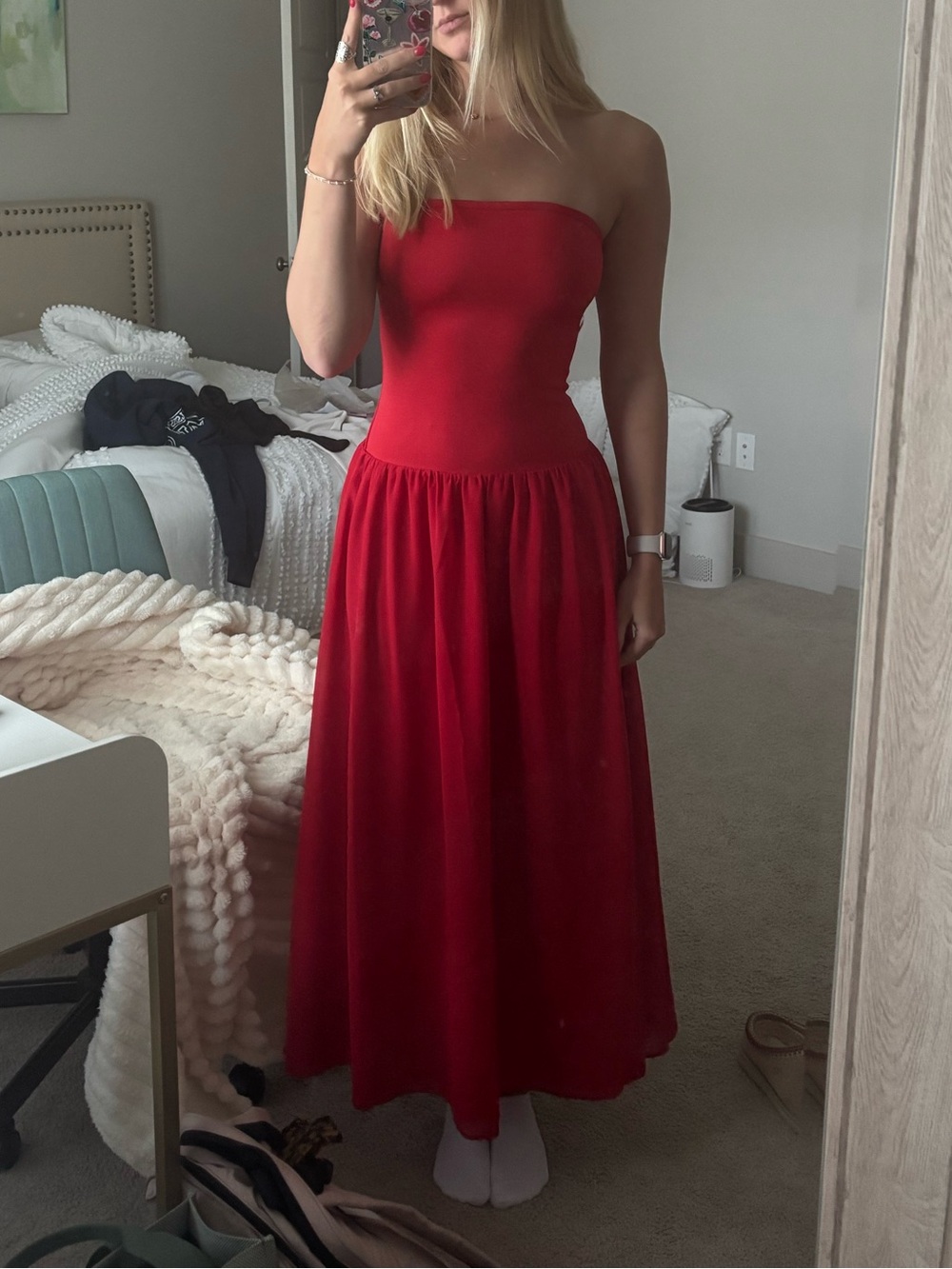 Elegant Strapless Red Midi Dress